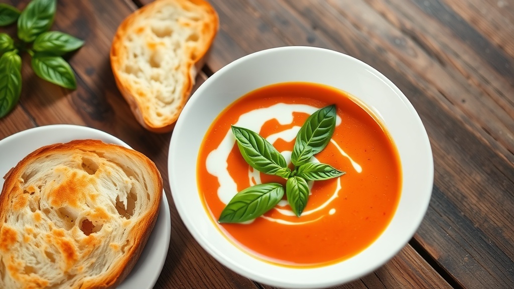 A bowl of creamy roasted red pepper soup garnished with basil, accompanied by a slice of bread on a wooden table.